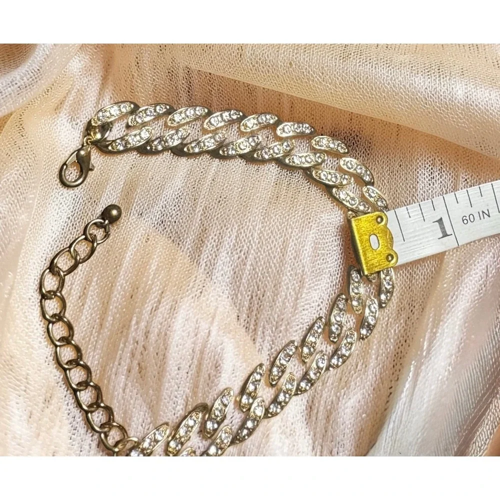 Vintage 80s 90s Rhinestone Curb Link Bracelet Gold Brass Tone Adjustable 7"-9" - Picture 2 of 3